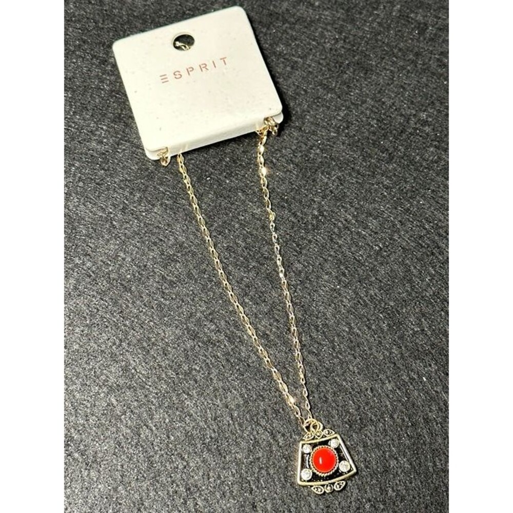 ESPRIT Gold Tone Necklace Black Shield Pendant Red Cabochon Rhinestone Accent